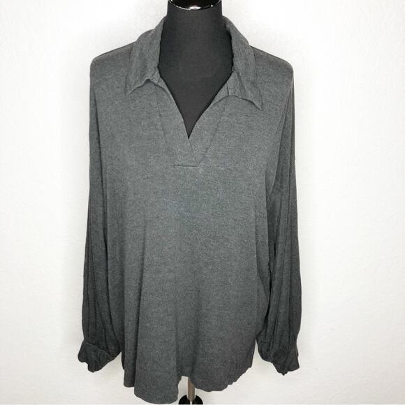 Cabi Elegant Tee charcoal gray collared v neck knit top size Large #4258 - Picture 1 of 15